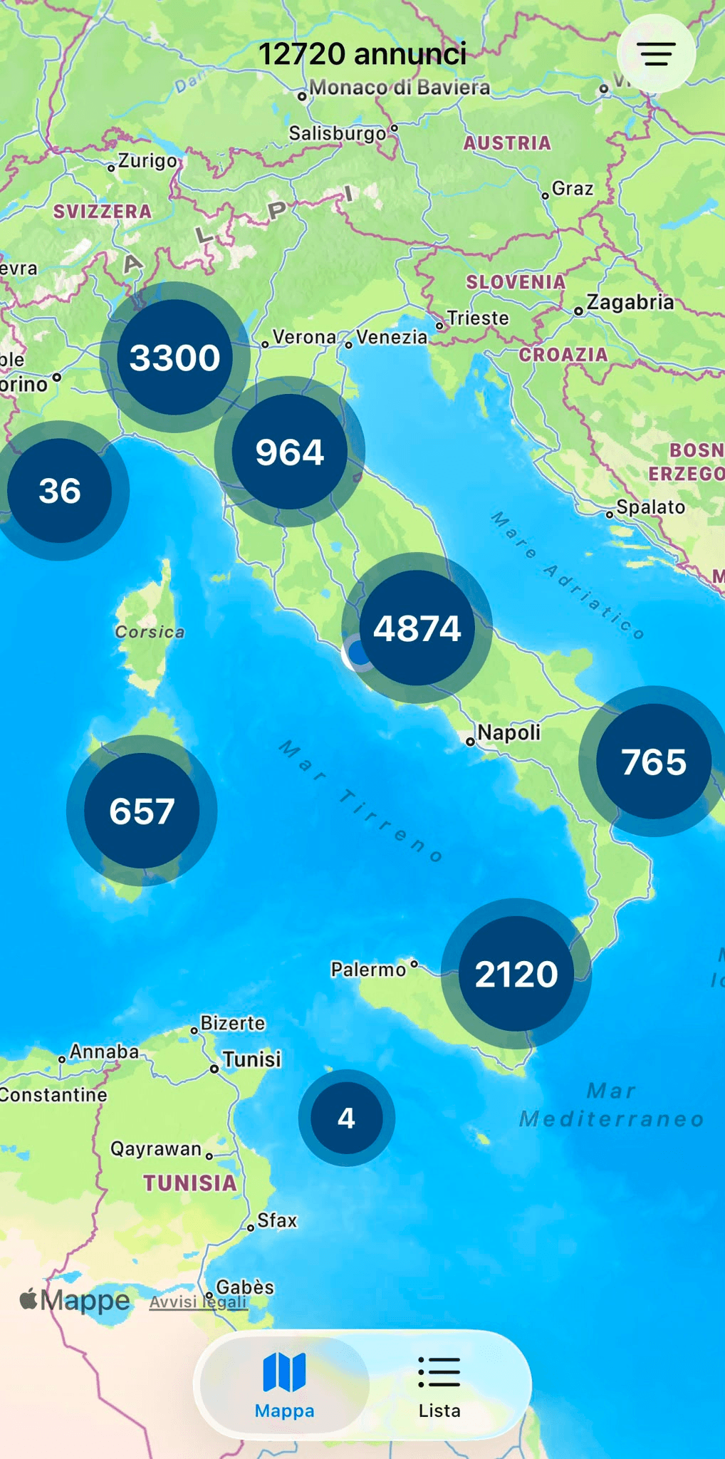 Schermata app Aste Luffarelli: mappa delle aste immobiliari in Italia